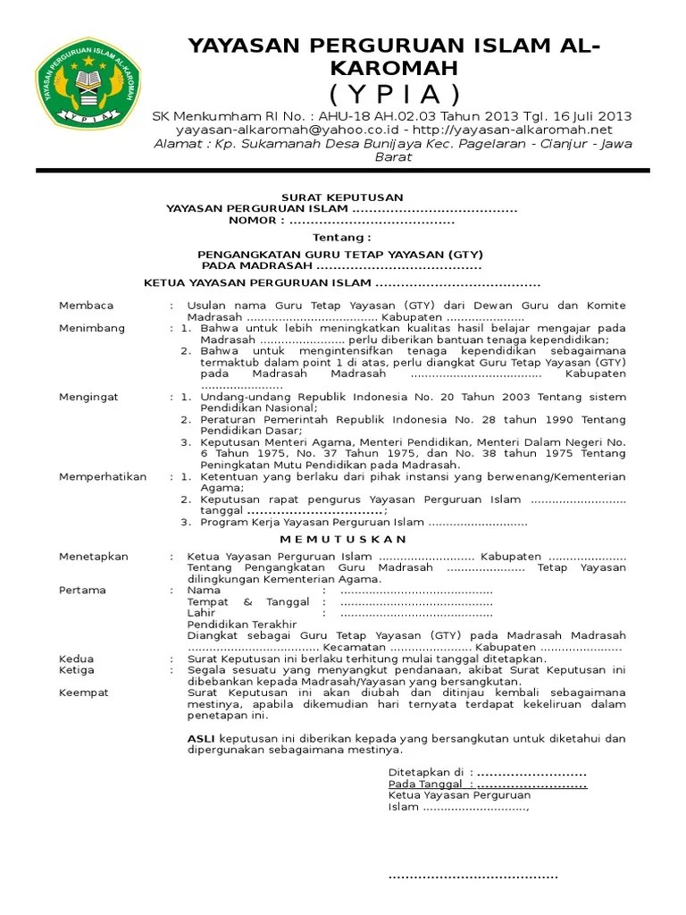 Peraturan pemerintah nomor 28 dan 29 tahun 1990 tentang pendidikan dasar dan menengah. Contoh Sk Guru Tetap Yayasan 2019 Beinyu Com