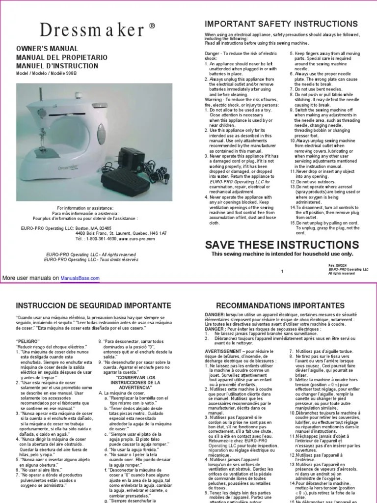 Find the user manual you need for your home appliance products and more at manualsonline. Euro Pro Sewing Machine 998b Pdf Sewing Machine Crafts