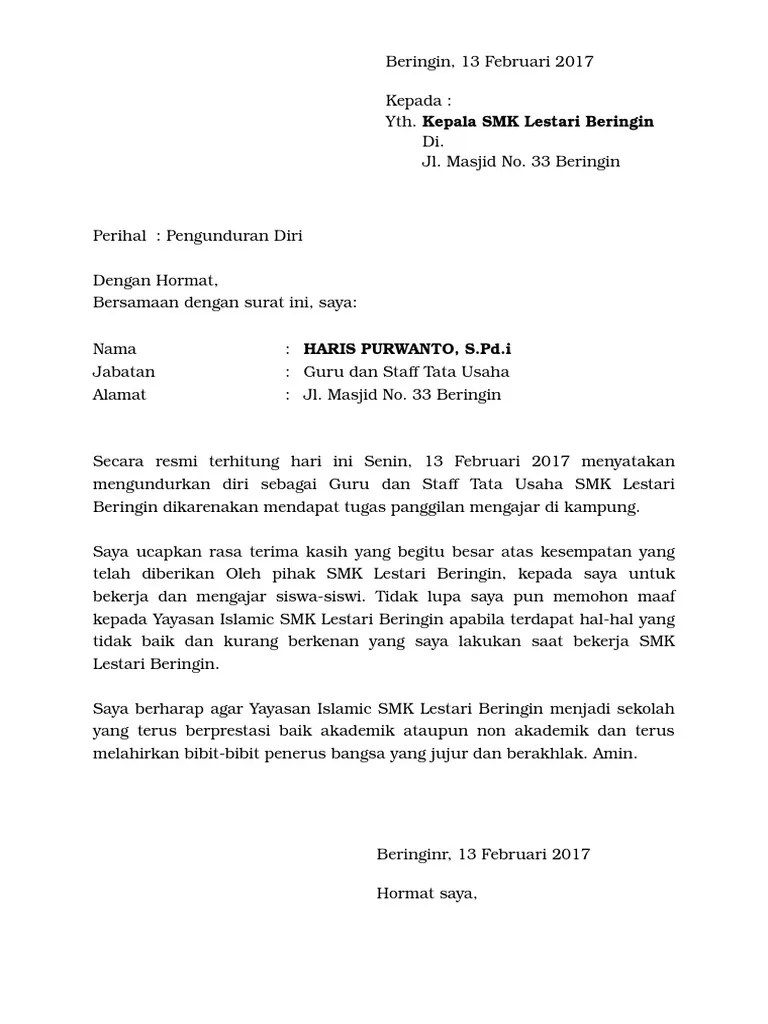 Contoh Surat Pengunduran Diri Operator Sekolah Contoh Surat 