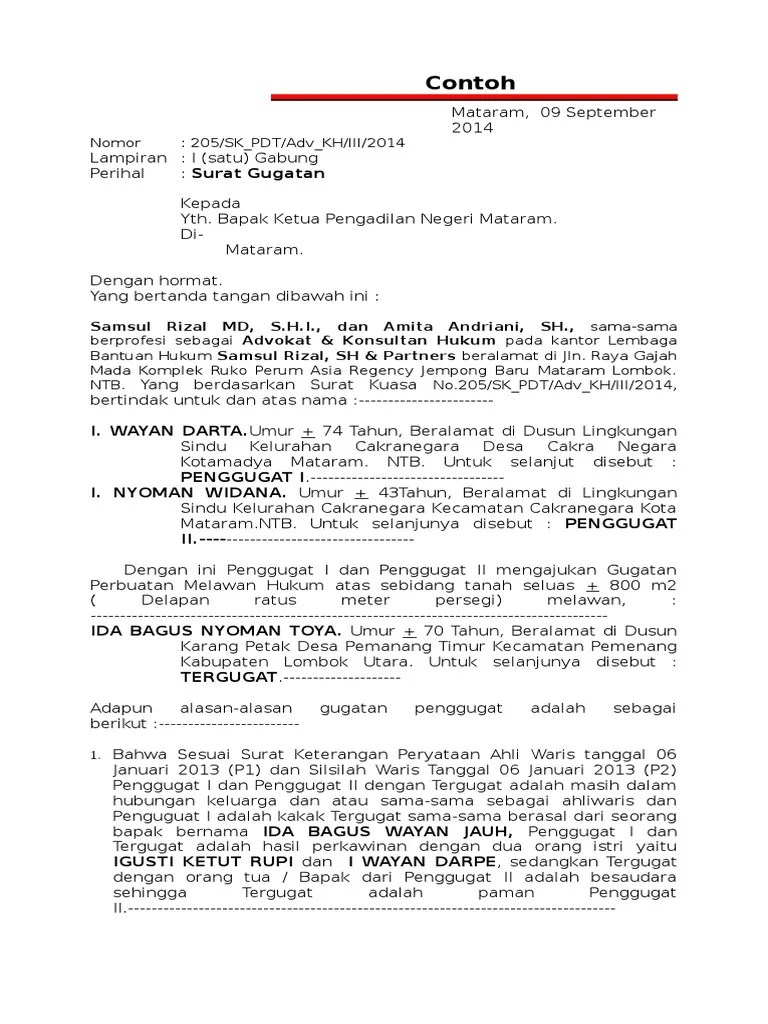 Bapak ketua pengadilan tata usaha negara mat. Contoh Surat Gugatan Tanah Nusagates