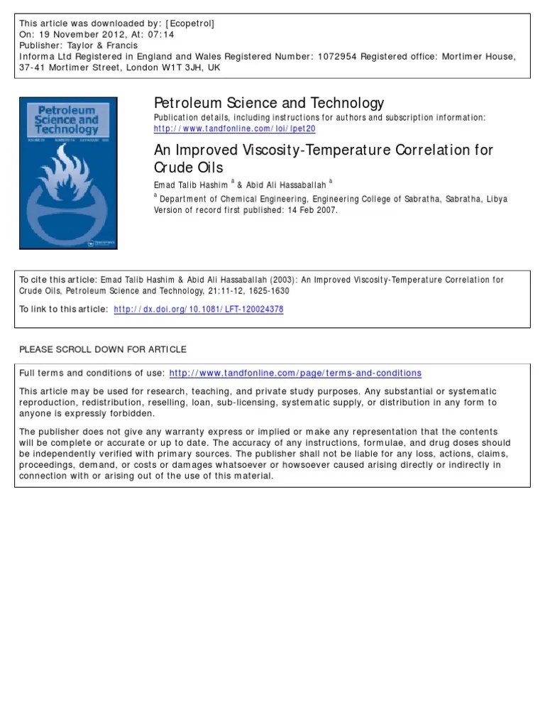 An Improved Viscosity Temperature Correlation For Crude Oils | PDF ...