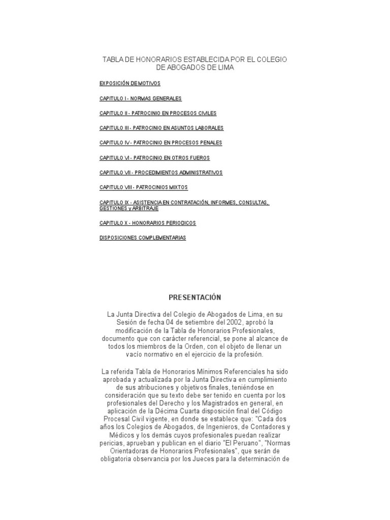 Tabla De Honorarios Establecida Por El Colegio De Abogados De Lima | PDF