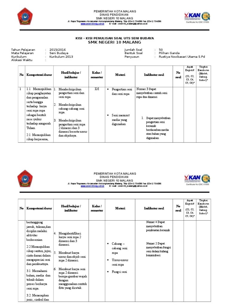 Semoga latihan soal ini bisa menambah referensi dalam belajar khususnya dalam menghadapi penilaian harian bab atau penilaian kenaikan kelas mendatang. Kisi Kisi Soal Uas Seni Budaya Kelas X Rustiya Pdf