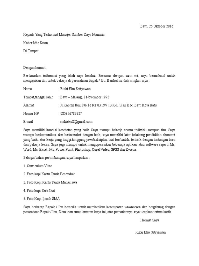 Bekerja di rumah makan sebagai cara untuk menghasilkan uang untuk. Surat Lamaran Kerja Kober Mie Setan Pdf