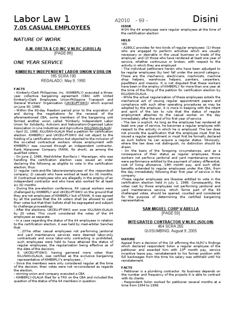 Labor Law 1 Disini: 7.05 Casual Employees | PDF | United States Labor Law | Employment