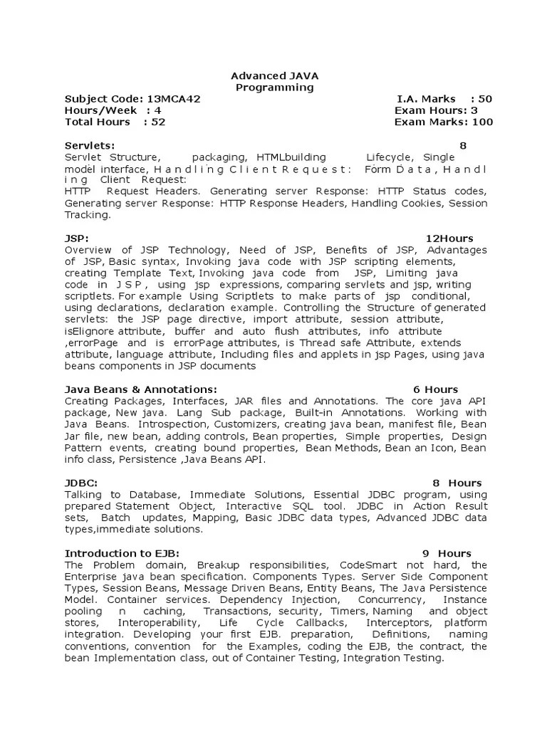13MCA42 Advance Java Syllabus | PDF