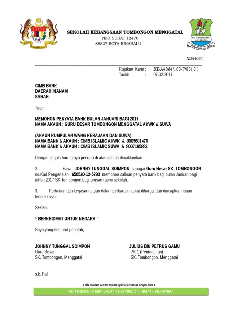 Memohon penyata bank bulan november dan disember . Contoh Surat Mintak Penyata Bank