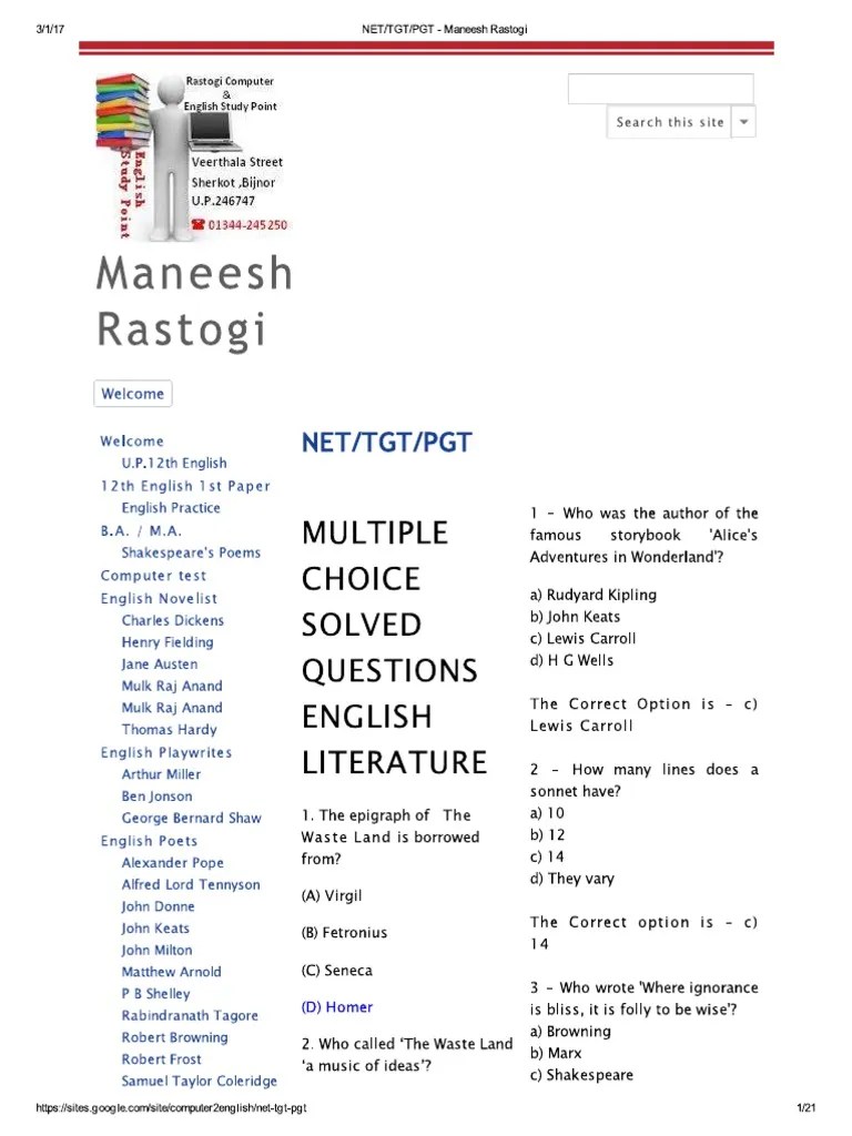 English Literature Mcqs | PDF