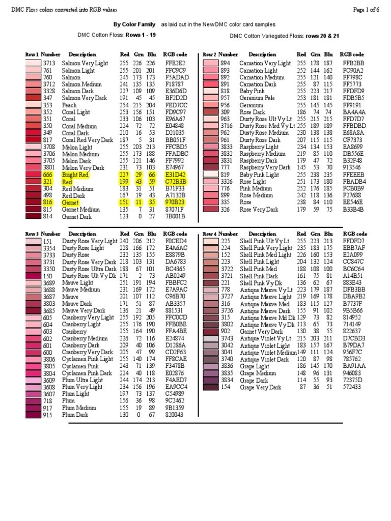 Free dmc floss chart