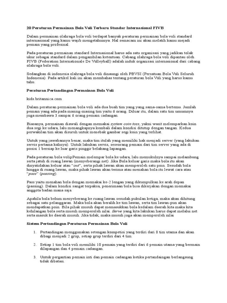 20 Peraturan Permainan Bola Voli Terbaru Standar Internasional FIVB | PDF