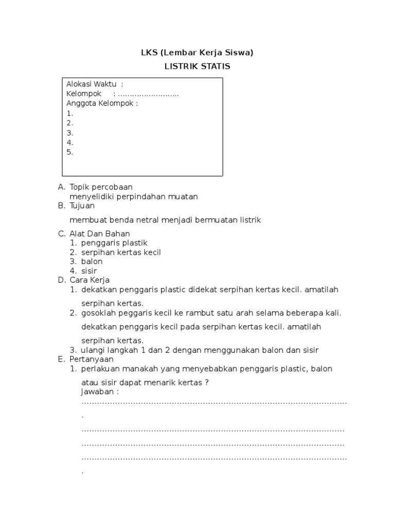 Lembar kerja siswa kurikulum 2013 kelas 3 sd semester genap. Lembar Kerja Siswa Listrik Statis Smp Pdf