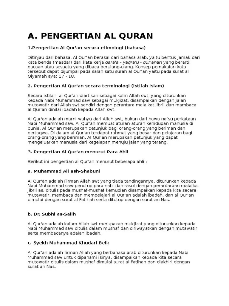 Definisi Alquran Secara Etimologi Dan Terminologi