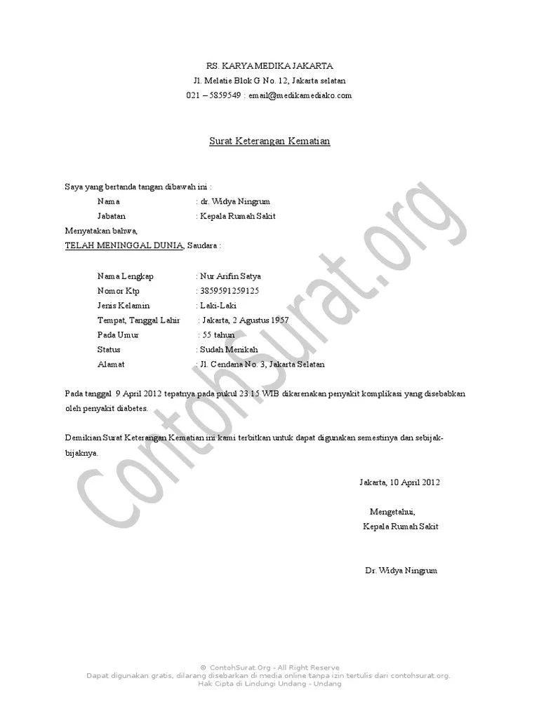 Syarat mengurus surat kematian · keterangan kematian dari rumah sakit/ dokter (asli) · surat kematian dari desa (asli) · ktp dan kartu keluarga yang bersangkutan ( . Surat Kematian Meninggal Di Rumah Letter 7saudara Com