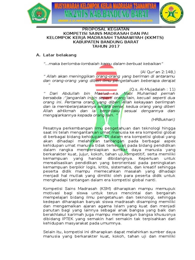 Kompetisi sains madrasah antar madrasah bersaing dalam bidang akademik. Proposal Ksm Mts Kbb 2017 Pdf