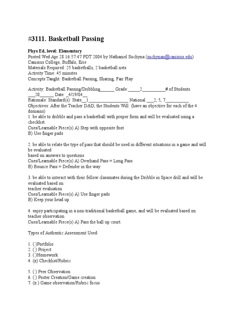 Developing Fundamental Basketball Skills Through Passing Drills And A Modified Game | PDF ...