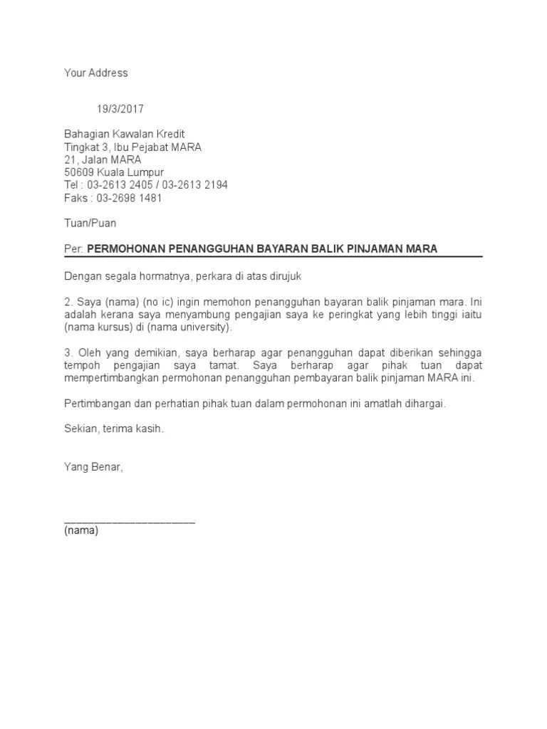 Contoh surat bayaran balik pinjaman. Contoh Surat Penangguhan Bayaran Balik Mara Pdf