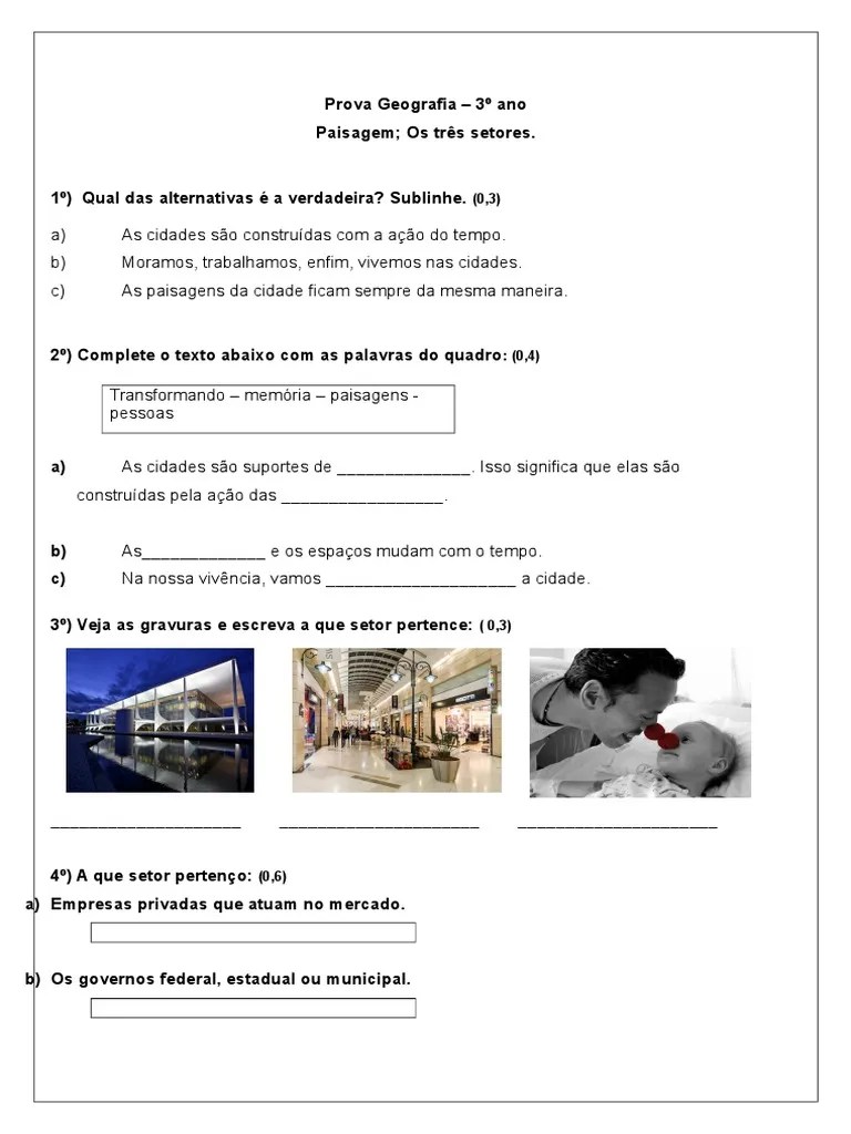 Prova De Geografia 3º Ano Fundamental 1. IV Unidade | PDF