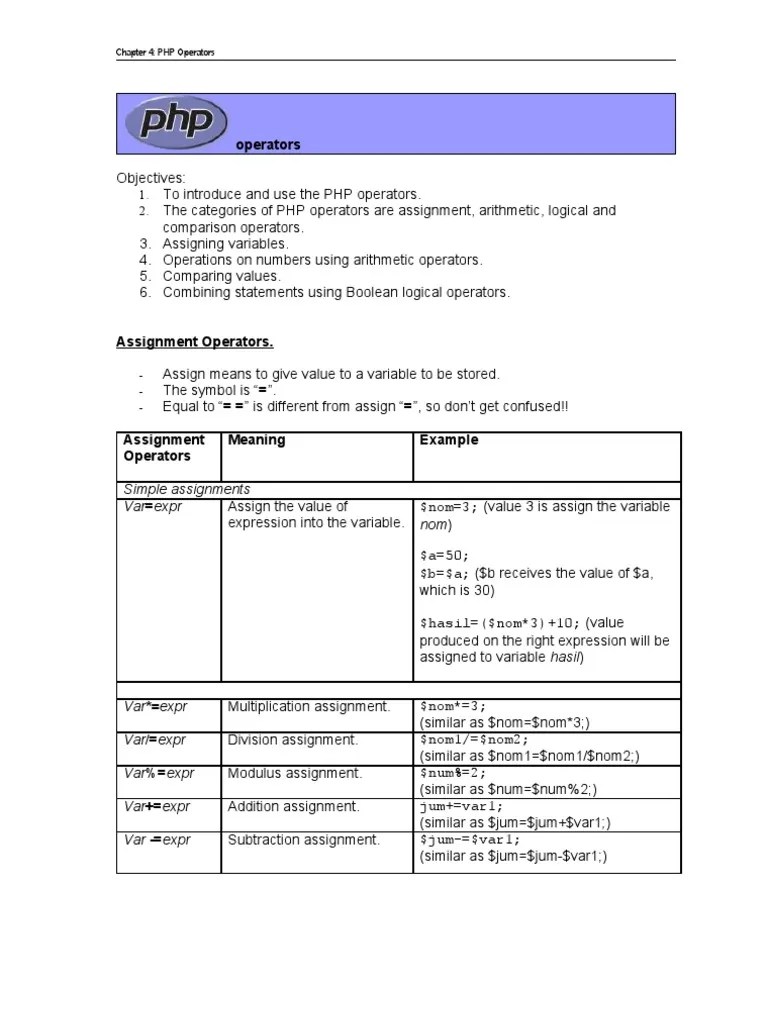 Chapter04 PHP Operators | PDF | Boolean Data Type | Php