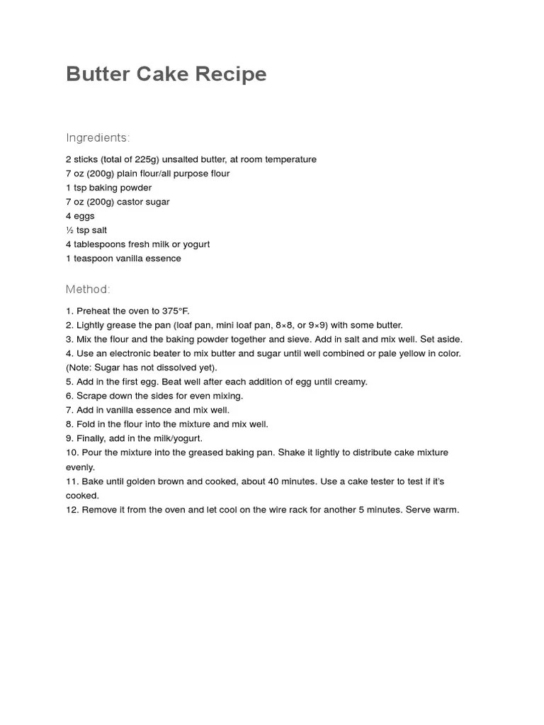 Butter Cake Recipe: Ingredients | PDF | Cakes | Butter