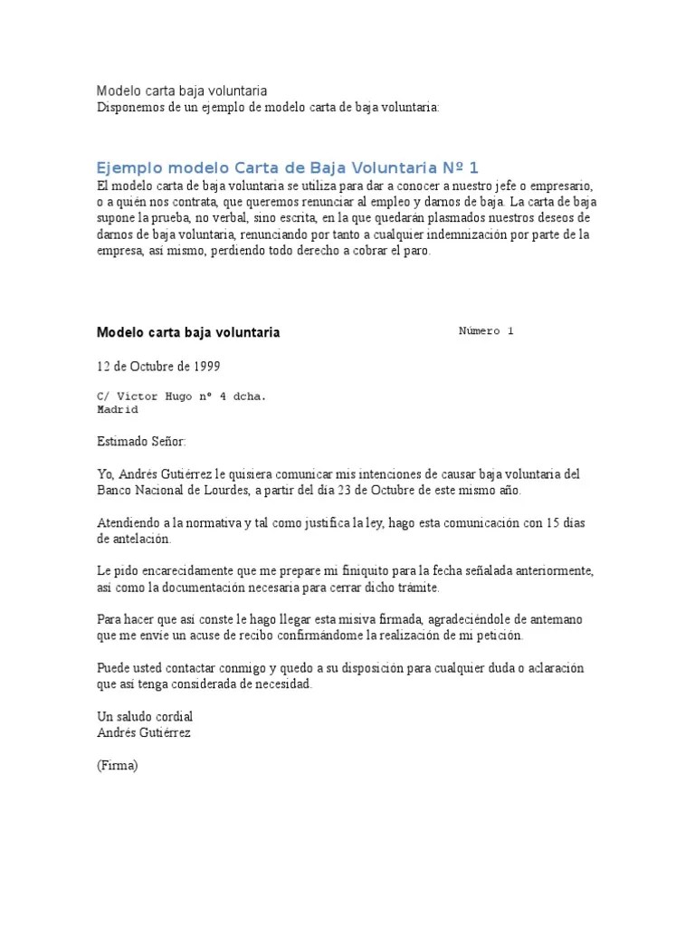 Modelo carta baja voluntaria