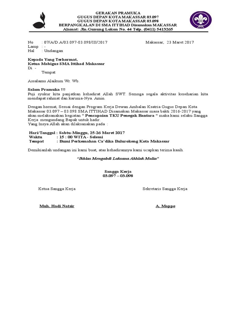 Contoh Surat Undangan Resmi Anisasi Pramuka Belajar Office Panitia mustegak 20152016 gerakan pramuka gugus depan 13001 13002 sma negeri 1 sukosari sekretariat.