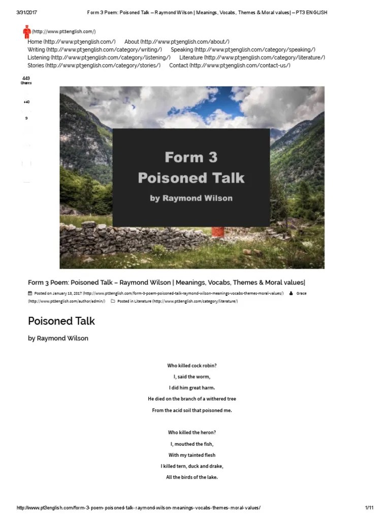 Poisoned talk poem · 1. Poison Talk Form 3 Poem Form Udlvirtual Edu Pe