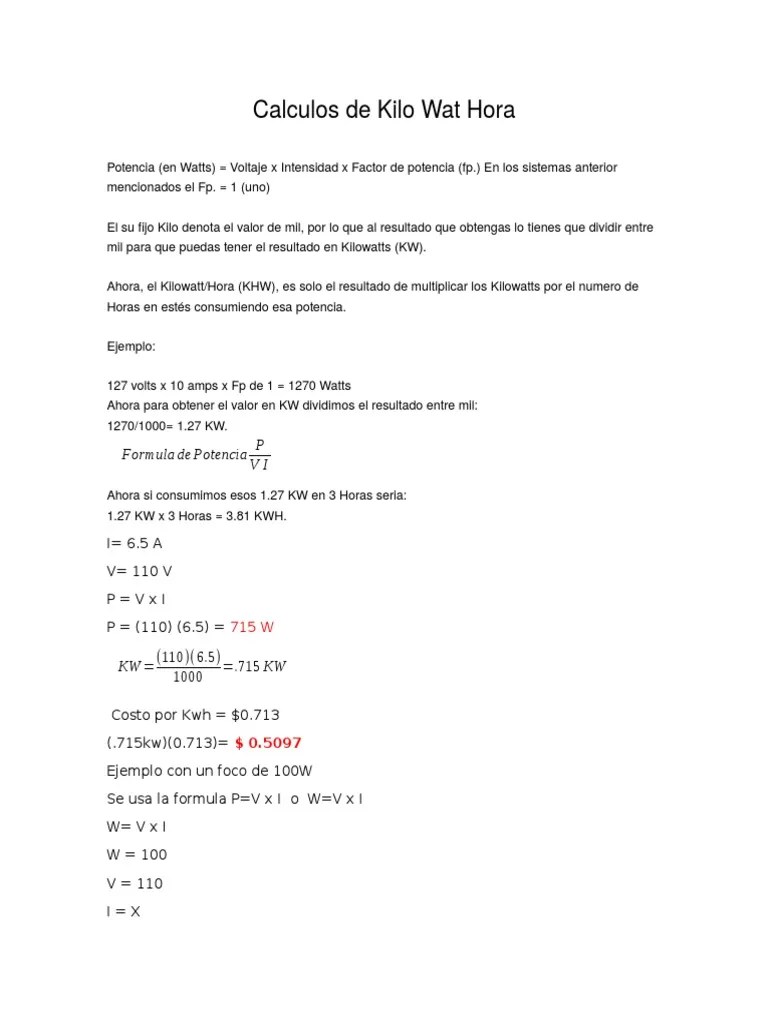 Cálculo De Consumo Eléctrico En Kilowatts Hora (kWh) Y Costo Asociado | PDF