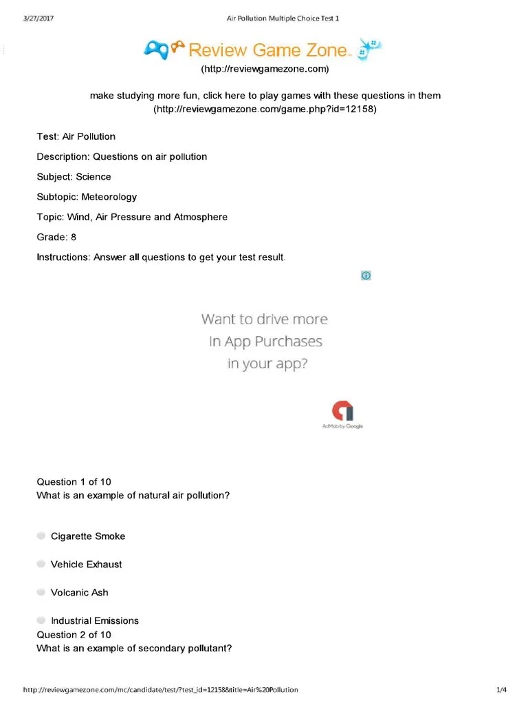 Air Pollution Multiple Choice Test 1 | PDF | Environmental Issues | Pollution