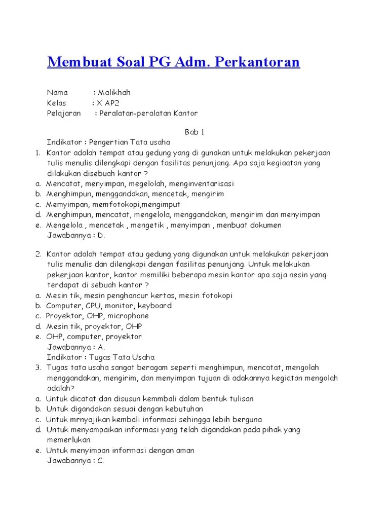 Ada modal yang cukup jawaban. Soal Dan Jawaban Otomatisasi Perkantoran Kelas X Masnurul