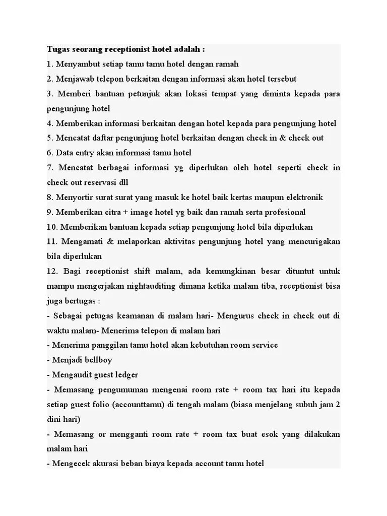 Tugas Seorang Receptionist Hotel Adalah | PDF