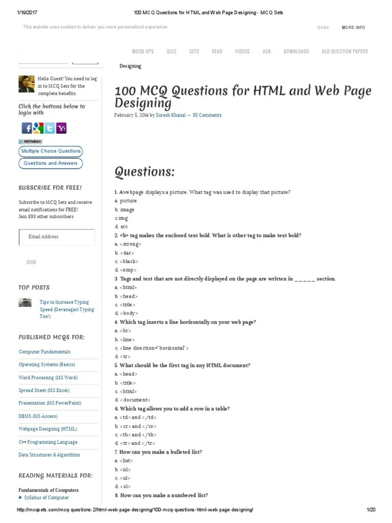 100 MCQ Questions For HTML And Web Page Designing - MCQ Sets PDF | PDF | Html Element | Websites
