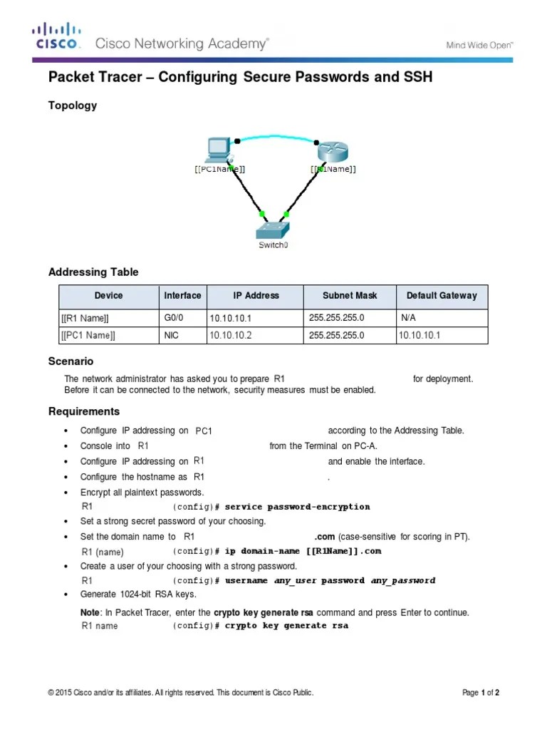 11.2.4.5 Packet Tracer - Configuring Secure Passwords And SSH | PDF ...