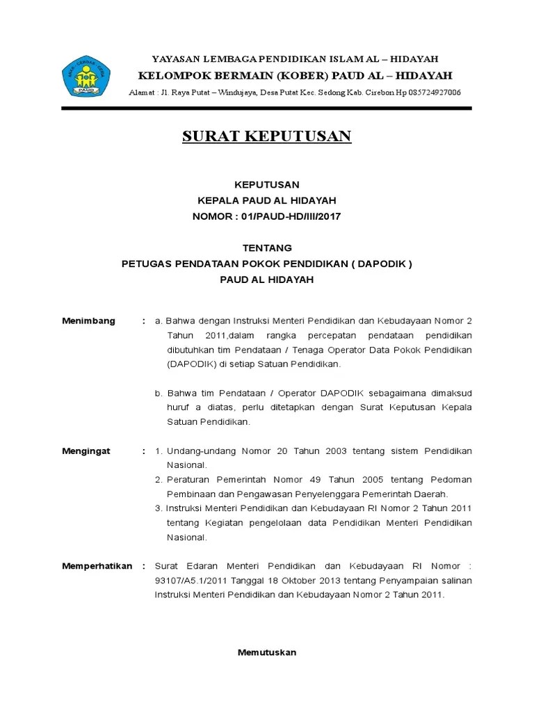 Unduh sebagai doc, pdf, txt atau baca online dari scribd. Sk Operator Paud Pdf