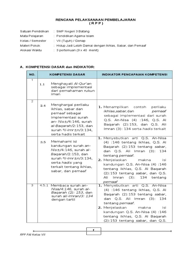 RPP Bab 7ikhlassabarpemaaf | PDF
