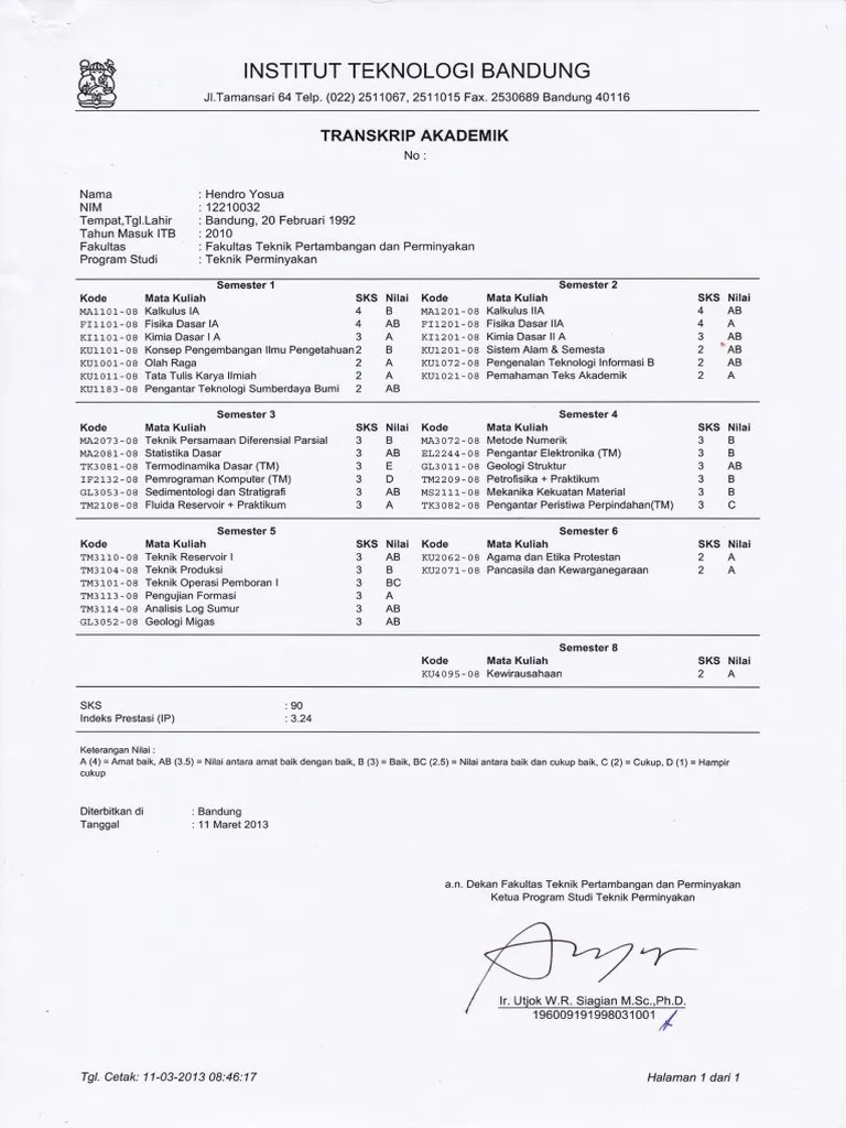 Academic Transcript - Hendro Yosua (Indonesian Ver.) | PDF