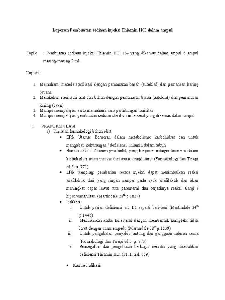 Laporan Pembuatan Sediaan Injeksi Thiamin HCL Dalam Ampul | PDF
