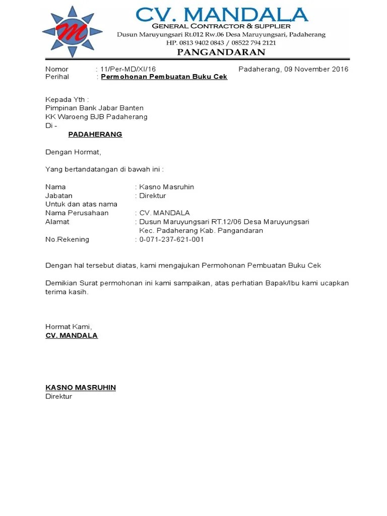 Contoh Surat Pernyataan Kehilangan Cek Giro Dengan 