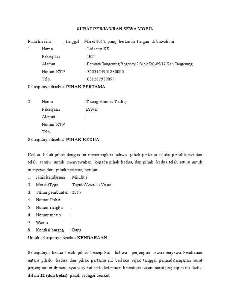 Contoh Surat Perjanjian Sewa Kendaraan Bermotor Contoh surat perjanjian sewa mobil.
