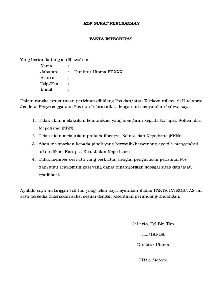 Pernyatan ini, saya bersedia dikenakan sanksi sesuai dengan ketentuan yang berlaku. Contoh Surat Pakta Integritas Pdf