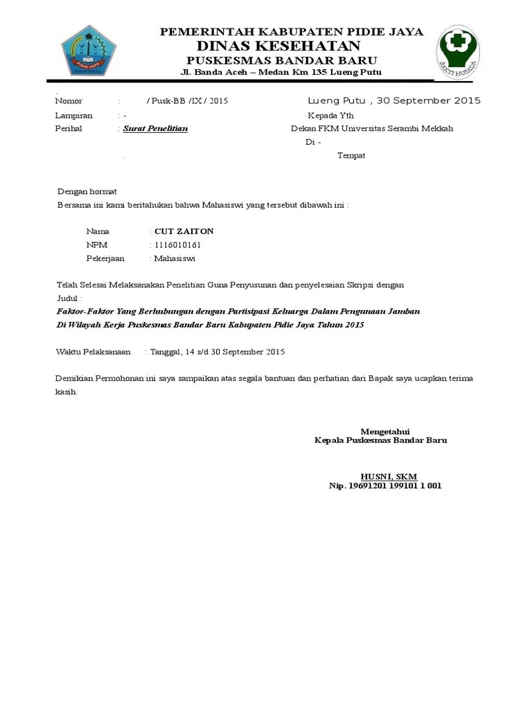 Contoh surat izin penelitian di sekolah have a graphic . Contoh Surat Balasan Izin Penelitian Dari Puskesmas Doylc Asia