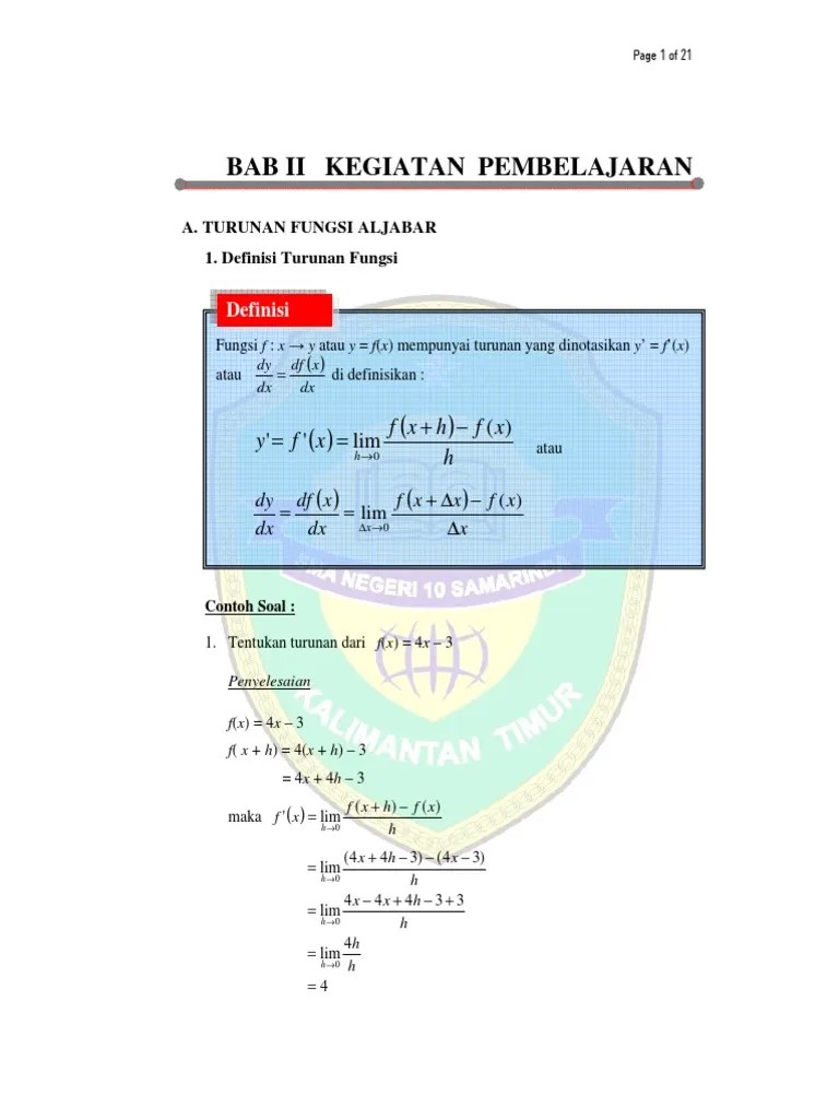 Lihat juga tentang soal dan contoh soal turunan fungsi aljabar mudah . Turunan Fungsi Aljabar 1 Pdf Pdf