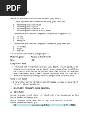 Kompetensi dasar (kd) dan indikator pencapaian kompetensi (ipk). Contoh Instrumen Penilaian Pai Pdf