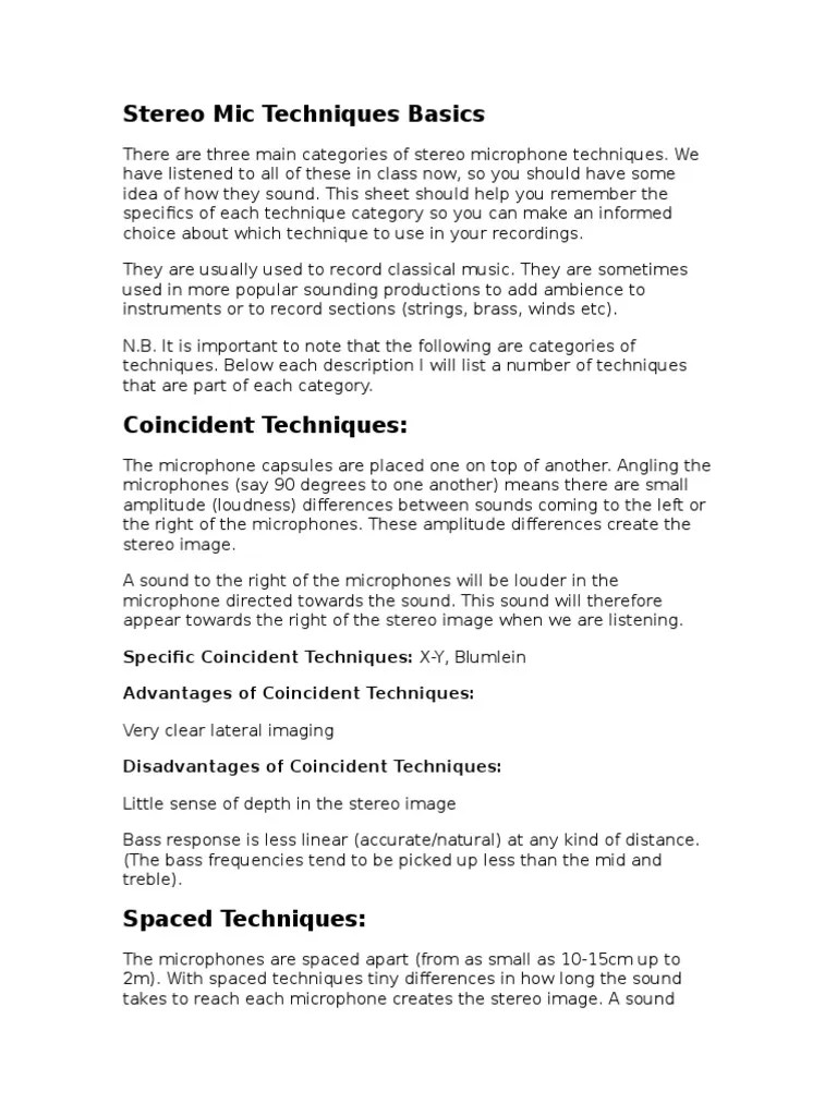Stereo Mic Techniques Basics | PDF | Microphone | Sound Recording