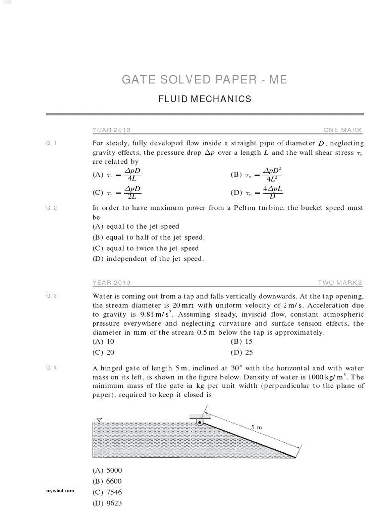 GATE FLUID MECHANICS SOLVED PAPERS | PDF | Boundary Layer | Fluid Dynamics
