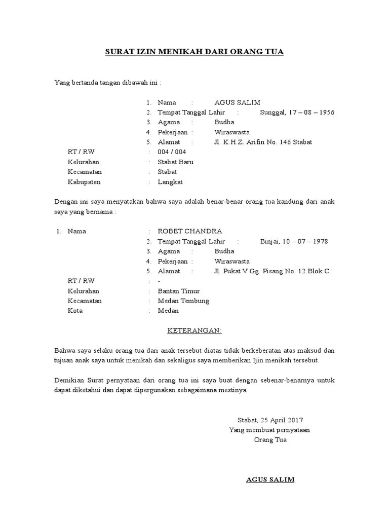 Dalam menulis surat izin orang tua diperlukan penggunaan bahasa serta format yang baik dan benar. Surat Persetujuan Orang Tua Untuk Menikah Kumpulan Surat Penting