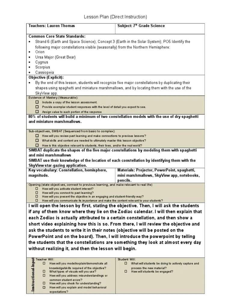 Lesson Plan 7th Grade Science | PDF | Lesson Plan | Constellation