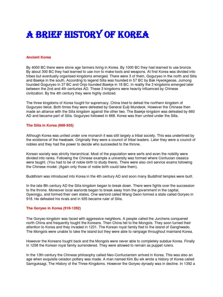 A Brief History Of Korea | PDF | Korea | Empire Of Japan