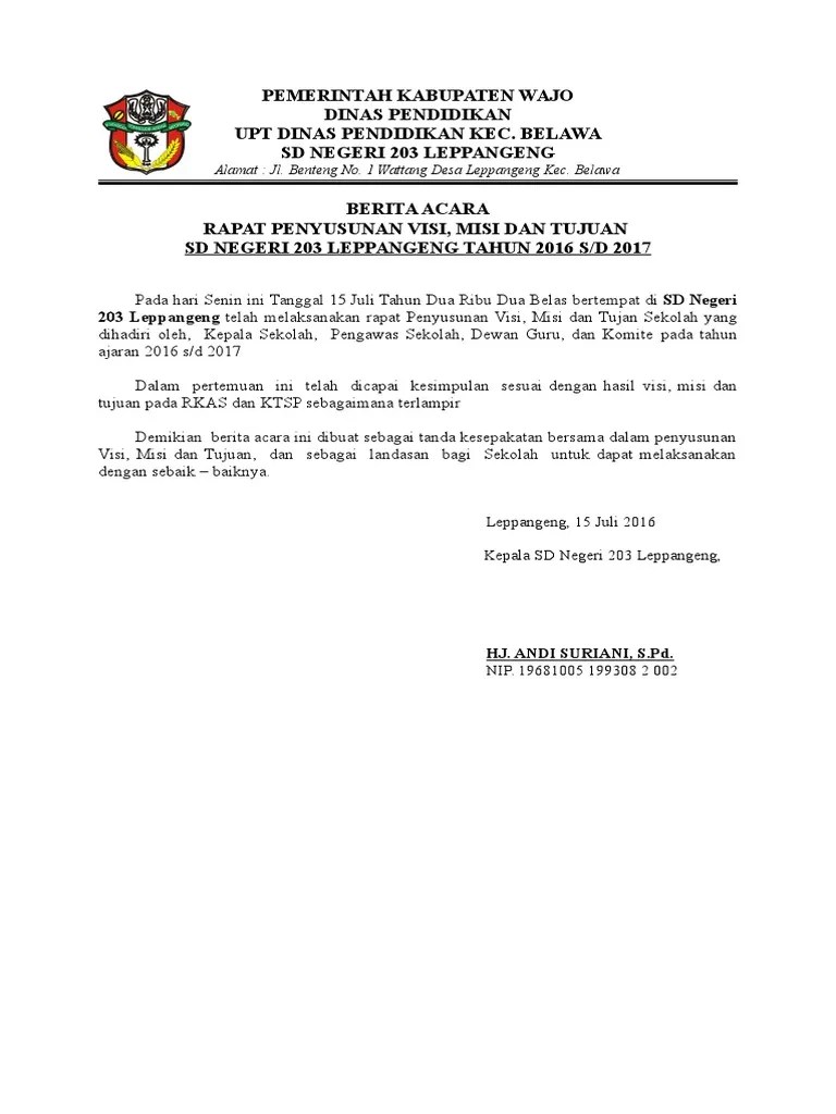 13 Contoh Berita Acara Penetapan Visi, Misi Dan Tujuan Sekolah File Word |  PDF