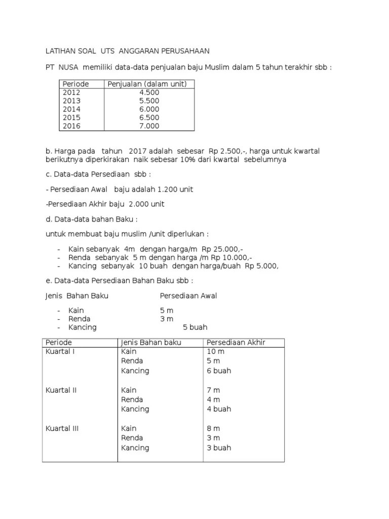 Kemampuan akhir yang diharapkan : Latihan Soal Uts Anggaran Perusahaan Pdf