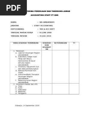 Setelah melakukan penelitian dan penilaian atas barang inventaris serta dokumen pendukungnya terhadap pekerjaan selesai pada . Contoh Form Serah Terima Pekerjaan Karena Resign Bagikan Contoh